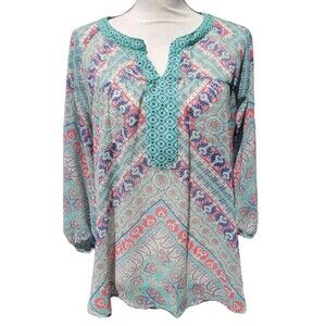 Fig & Flower Bohemian Top Womens Size M Floral 3/4 Slve Smash Blossom Mint Green